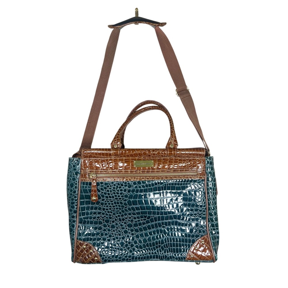 Samantha Brown Croc Embossed Dowel Travel Bag Weekender Teal Brown + Long Strap